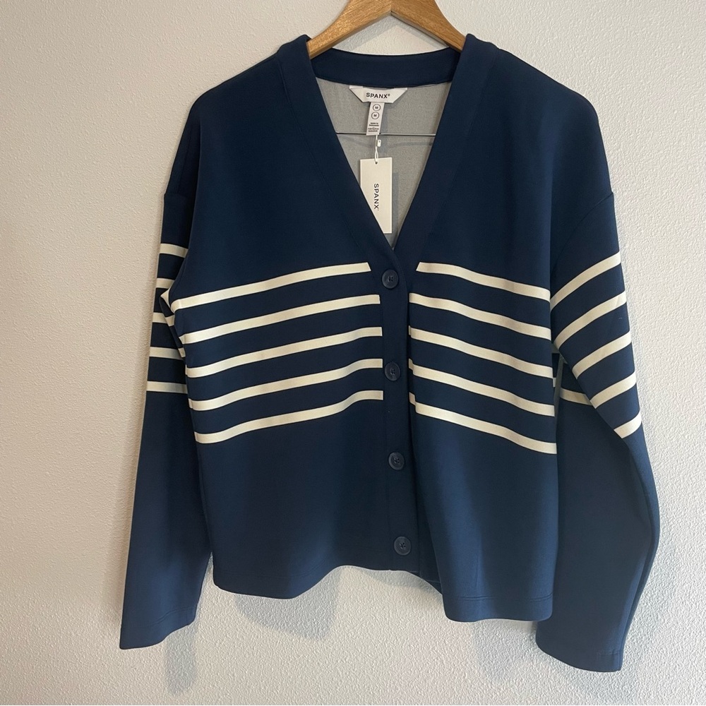 NEW SPANX AirEssentials Blue Striped Springs Coastal Cardigan Size M